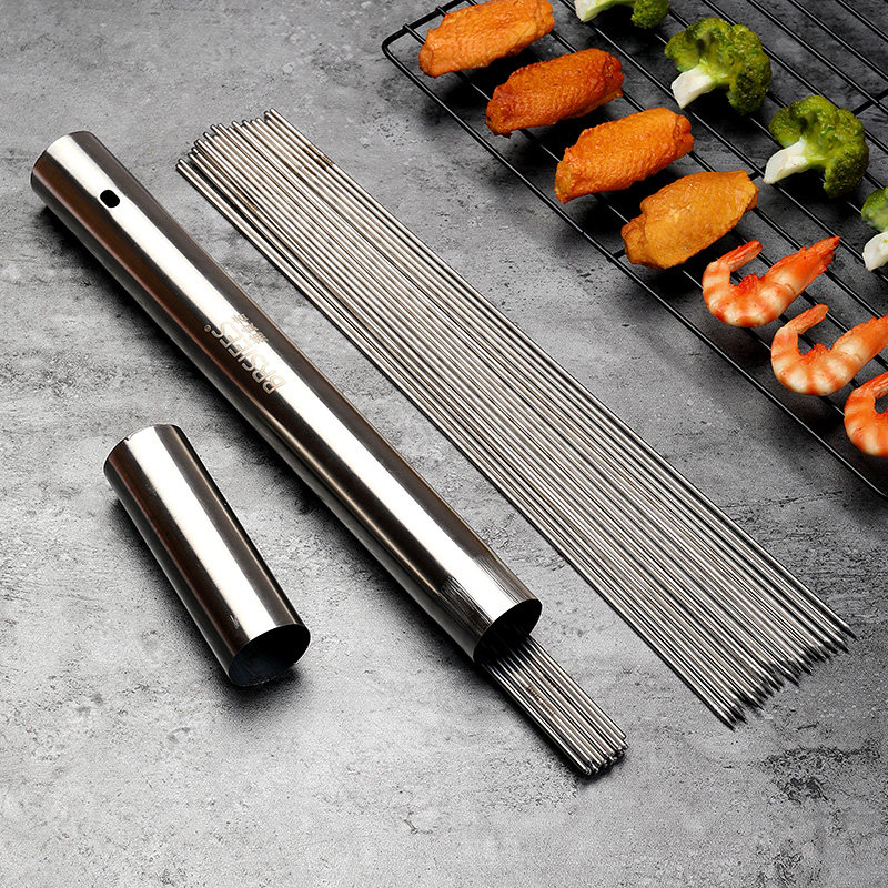 304烧烤签子不锈钢圆签羊肉串烤肉铁签子烤针用具铁钎家用带签筒