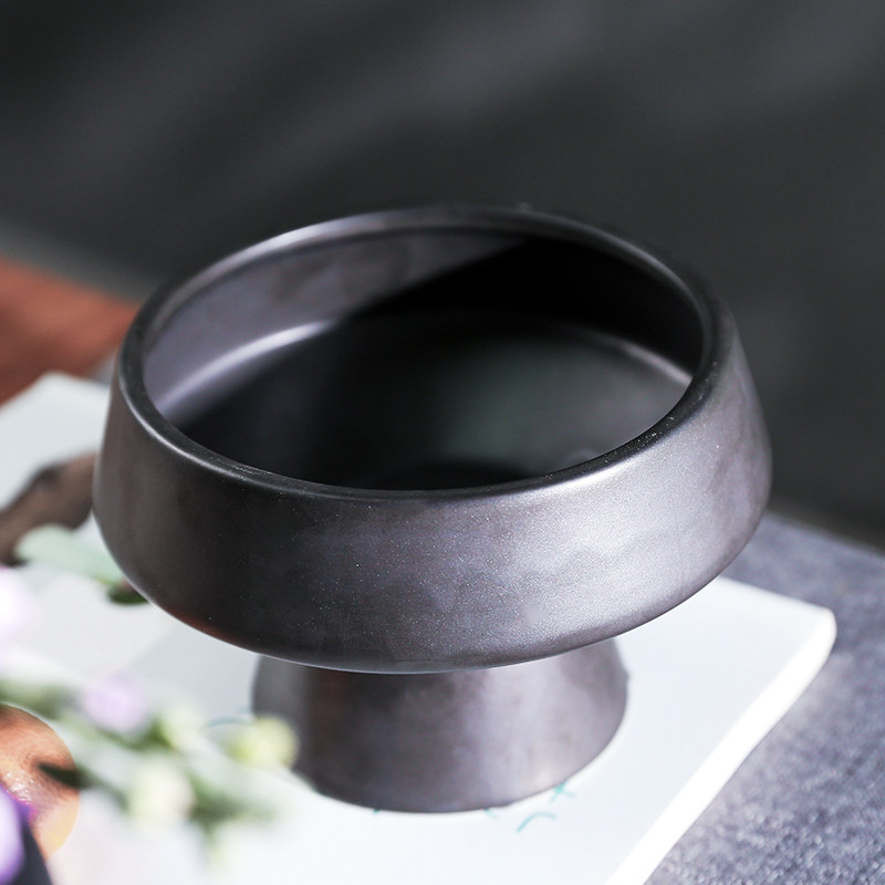 插花中式脚盆高脚盆黑色器皿花盘摆件桌面客厅花盆
