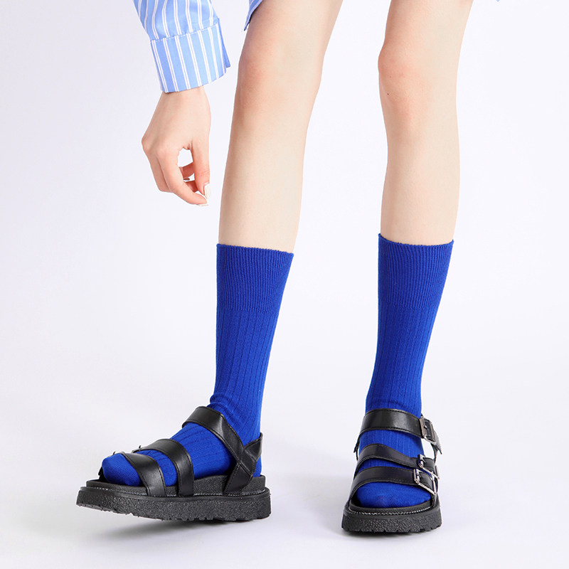 克莱因蓝袜子蓝色女中筒长筒袜外穿男潮流百搭小腿袜及膝袜宝蓝色
