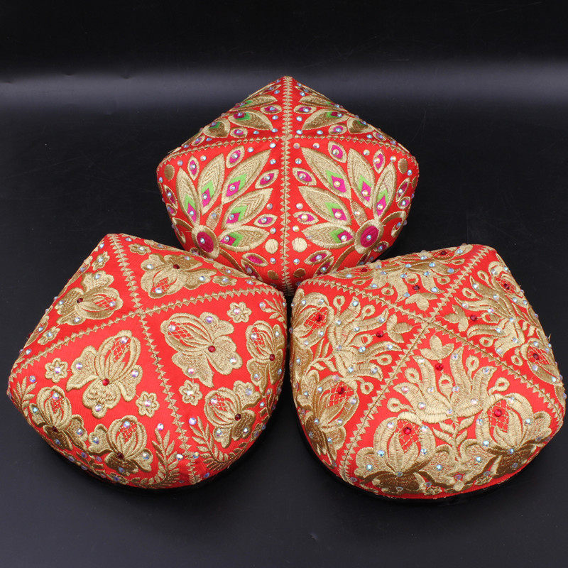 新疆舞蹈帽子金丝绣花烫钻四角帽维族广场舞高档帽子