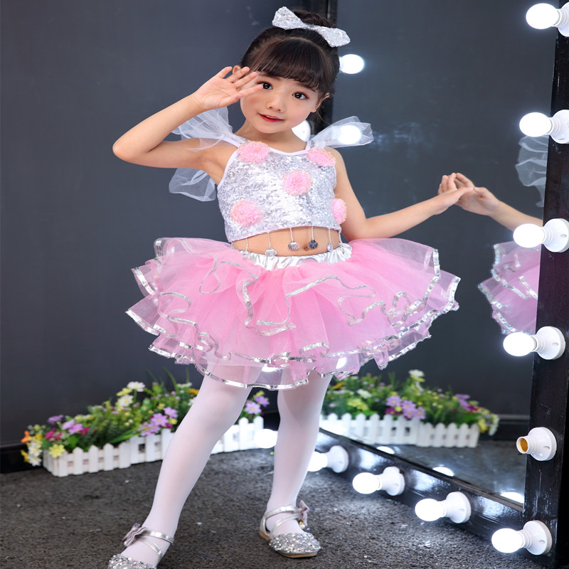 六一新款女童表演服粉色可爱演出服幼儿蓬蓬裙爵士舞蹈服漏肚脐亮
