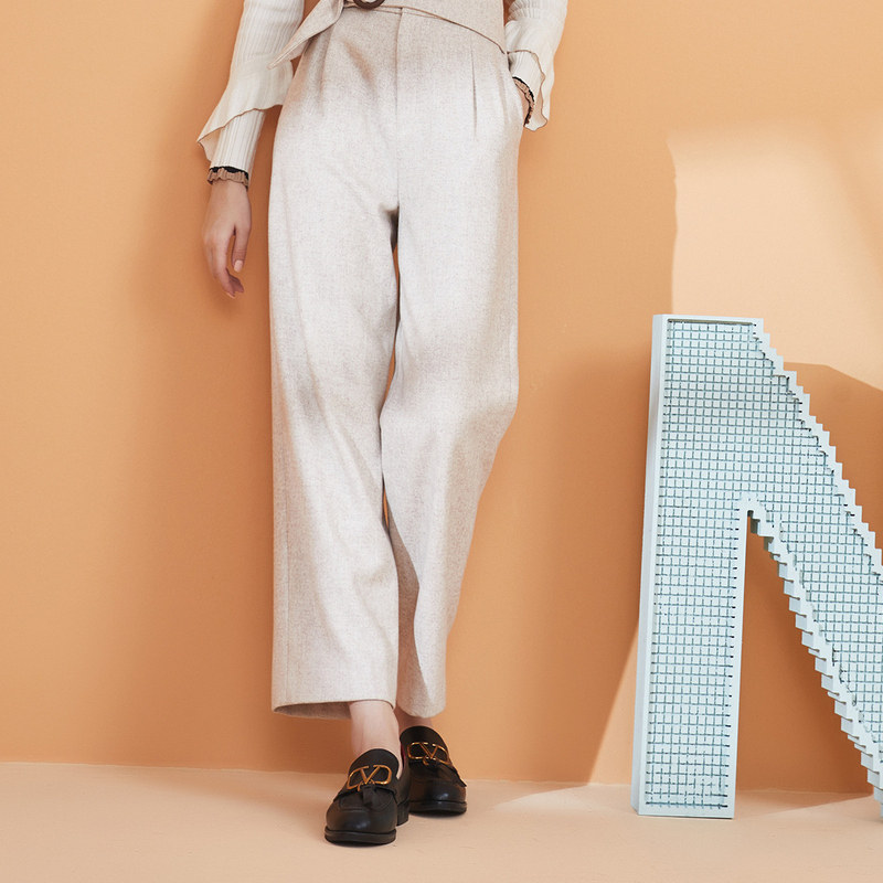 1件7折onemore2020冬季新款米色毛呢裤子气质休闲裤休闲裤