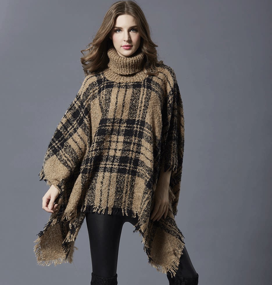 韩式秋装新款气质女装不规则格子中长款斗篷披肩高领蝙蝠衫毛衣女
