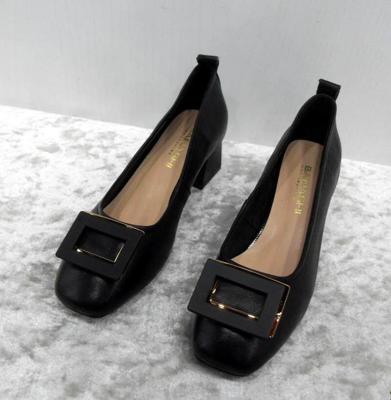 百纳sh2021新款单鞋女方蝴蝶结方扣中跟鞋粗跟浅口单鞋