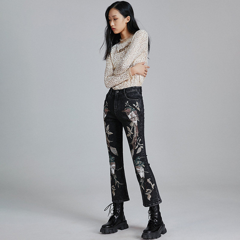 裂帛liebofeng设计师品牌2022年国风花卉刺绣直筒显瘦九分牛仔裤
