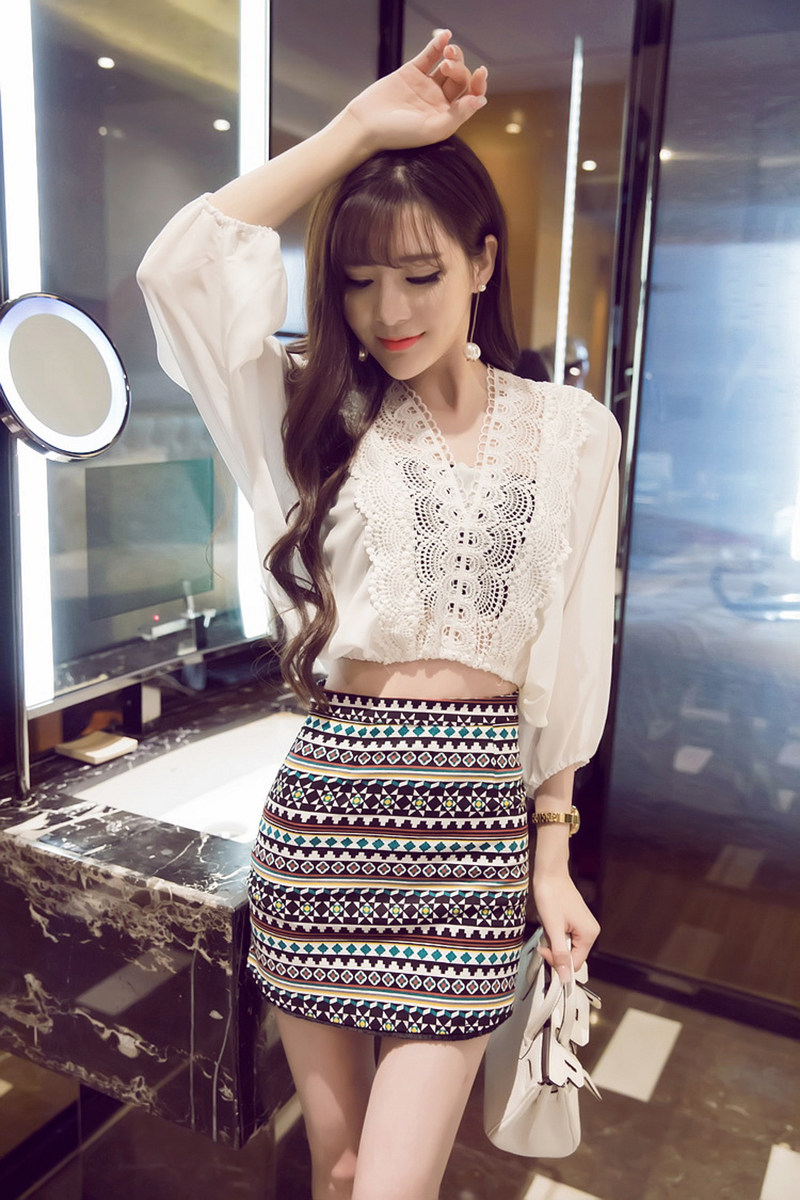 时尚蕾丝两件裙子短裙性感复古拼接雪纺套装半身裙