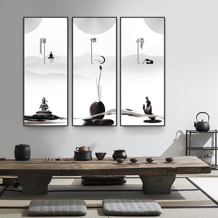 新中式字画山水茶室书房挂画水墨禅意办公室三联现代装饰画