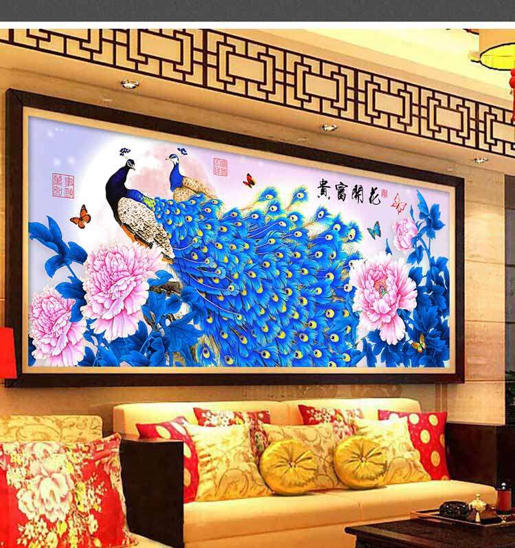 钻石5d新款花开富贵孔雀图魔方钻满钻十字绣客厅十字绣套件