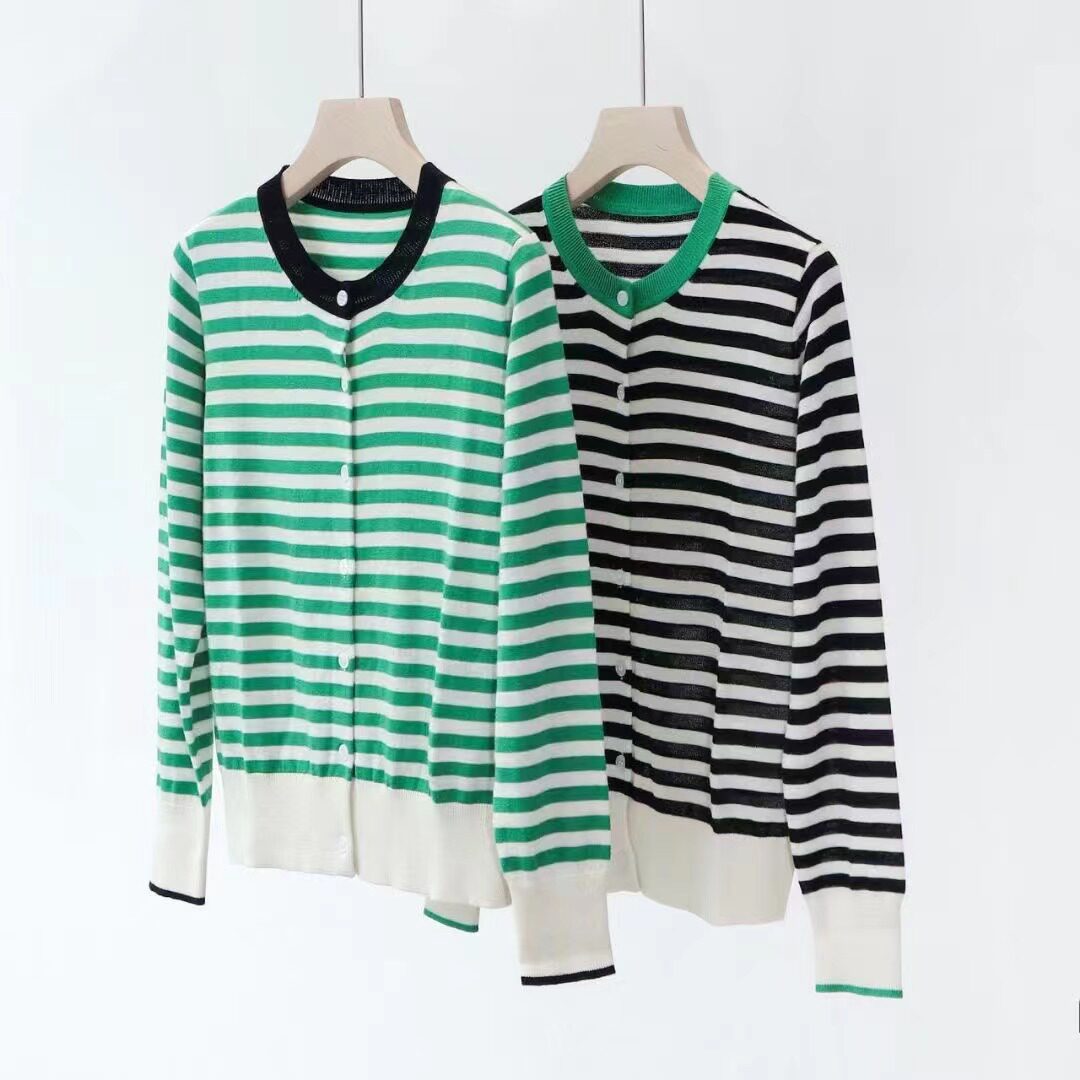 miko2022早秋条纹长袖圆领单排扣16针80支超细羊毛混纺针织开衫