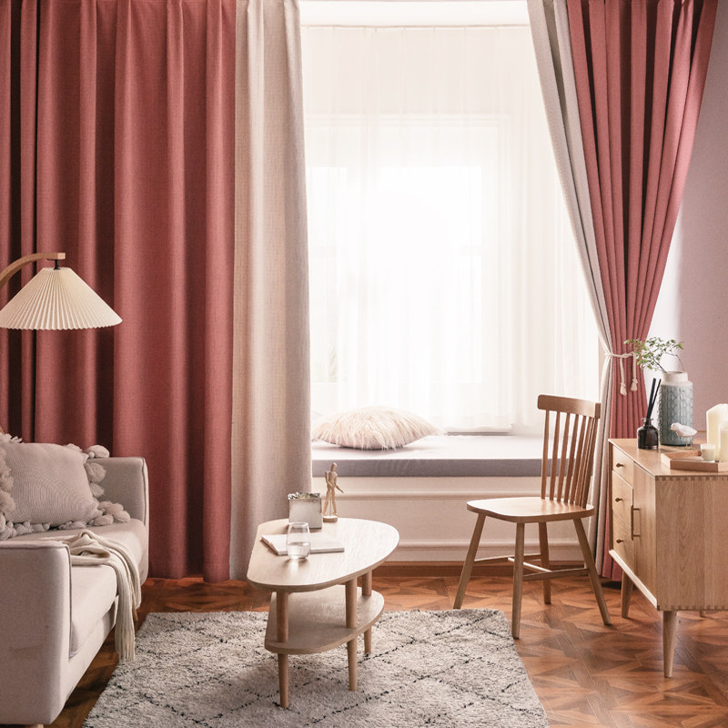 棉麻日式遮光窗帘莫兰迪色小众文艺格子客厅书房儿童房飘窗定制