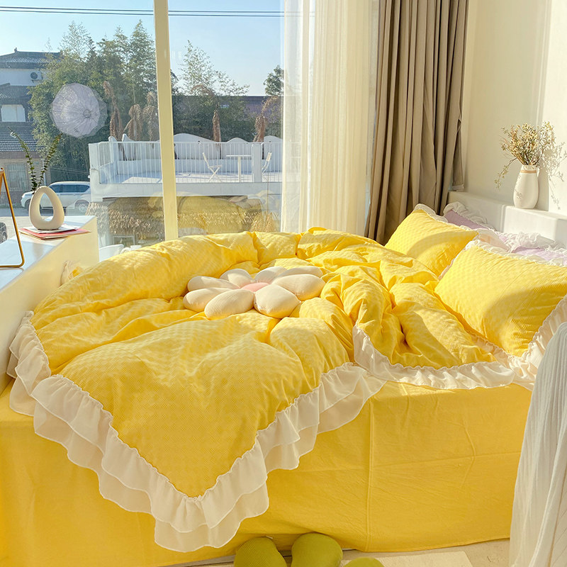 全棉鱼梦黄色华夫格四件件套春季新品公主双层床品套件