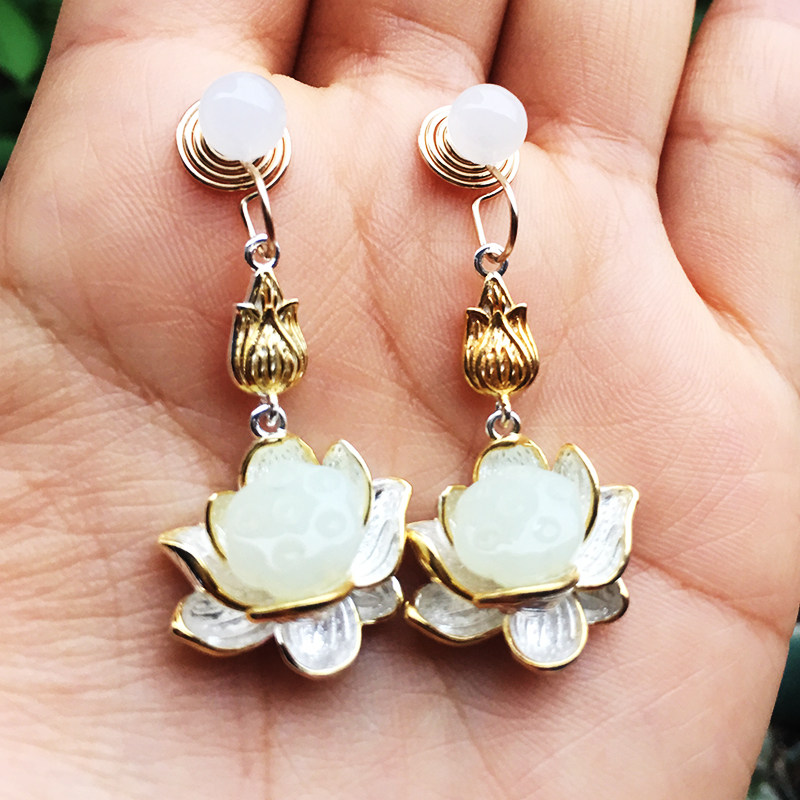 精致低调奢华双莲莲花白玉耳环和田玉荷荷花耳环