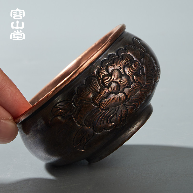 容山堂手工锤纹双层大小号紫铜茶杯双层铜制古朴敦厚
