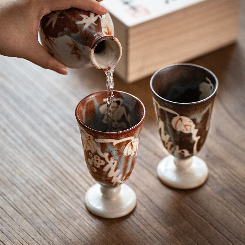 日式酒杯白酒杯高脚杯粗陶手工套装高脚春秋志野异形