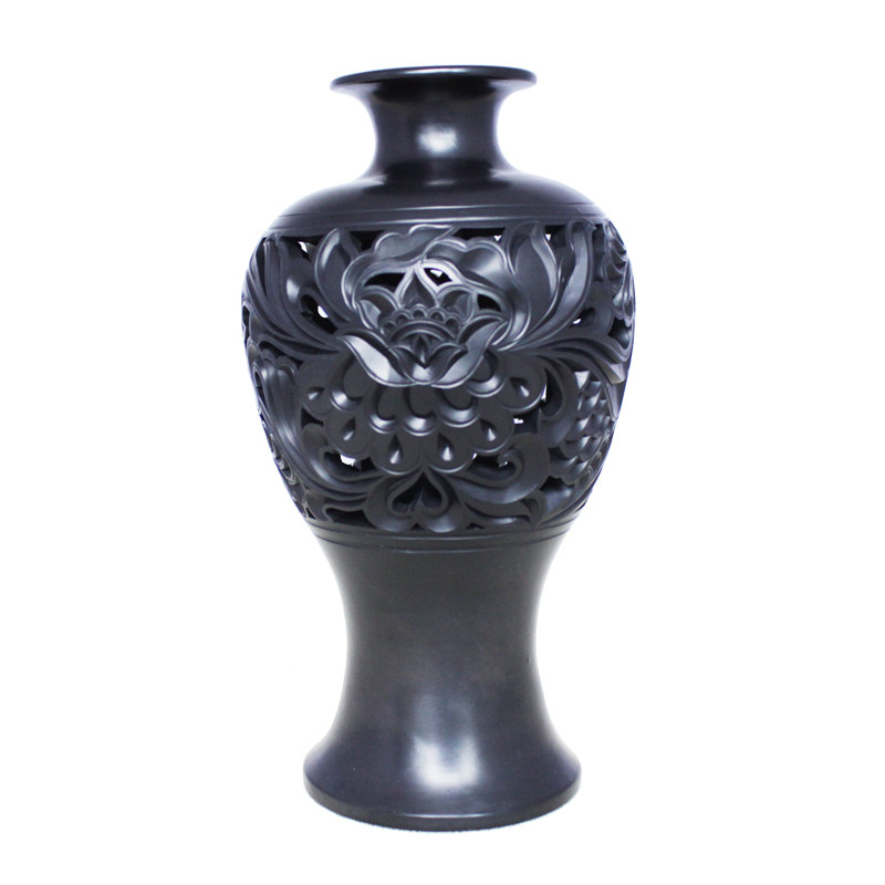 特色中式复古手工黑陶镂空莲花花瓶花插干花花瓶