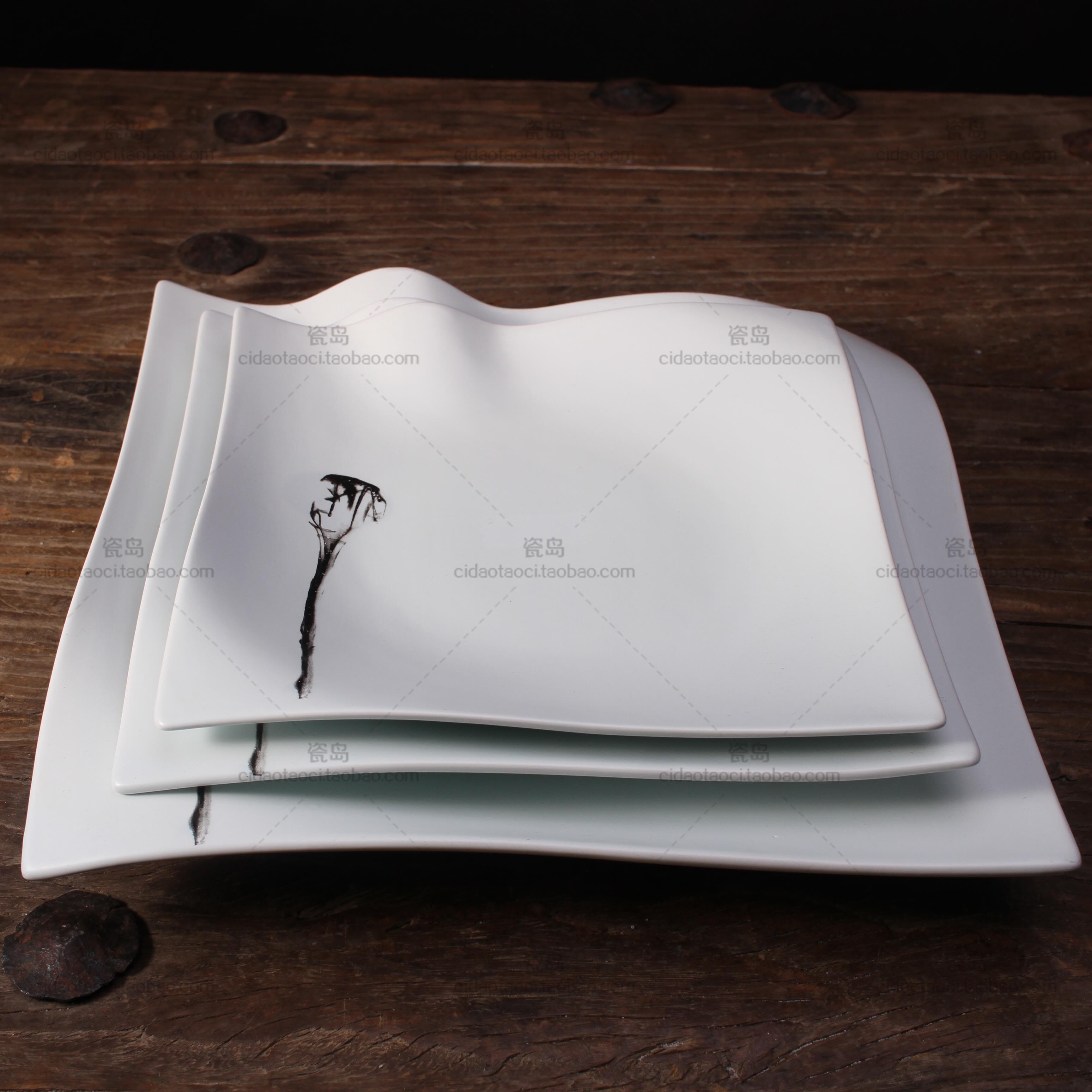 方盘 波浪边 黑色白色 正方形陶瓷 特色酒店瓷餐具 盘子 冷菜盘