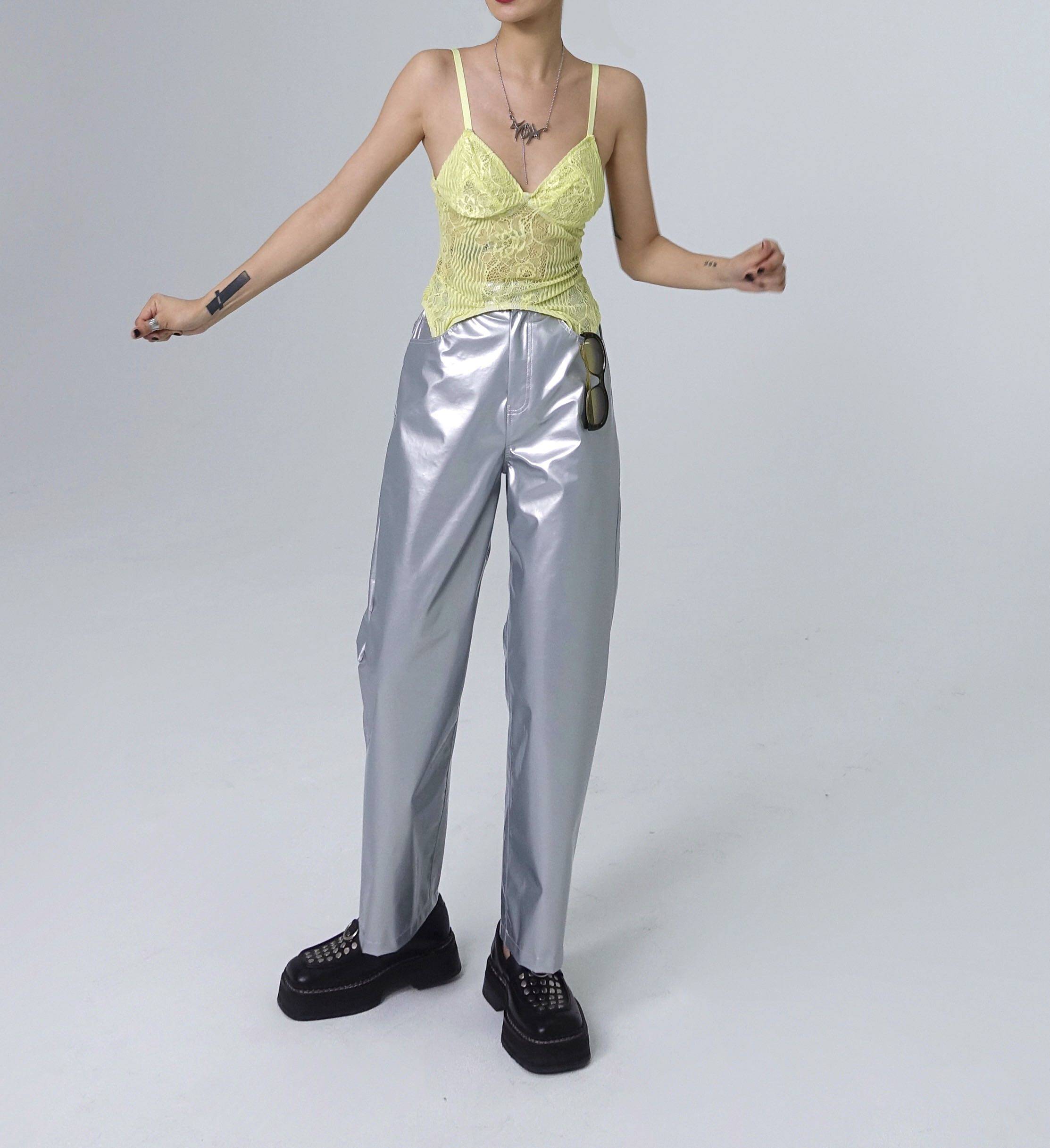 597c 原创赛博朋克y2k机能未来感银色直筒宽松阔腿九分裤直筒裤子