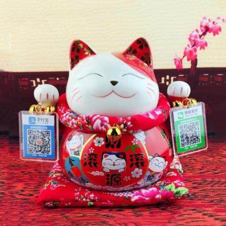 招财猫摆件二维新店微信储蓄罐前台收款家居红色招财猫