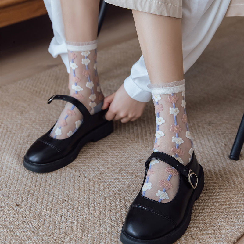 春夏玻璃丝袜子袜子女女中筒袜日系小清新可爱小花中筒袜