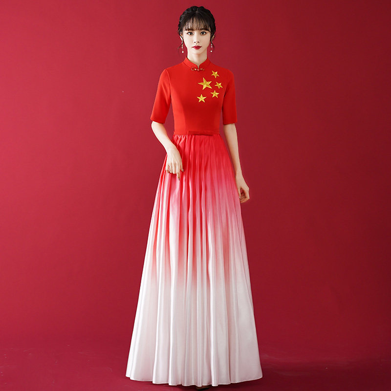 大合唱演出晚礼服夏季舞台表演服装七一建党节红礼服