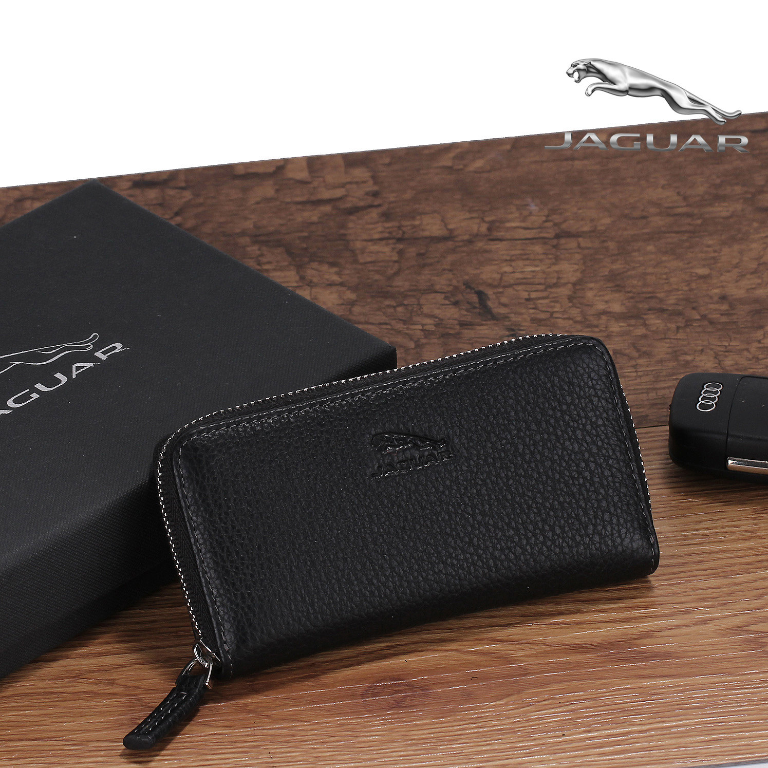 jaguar捷豹男士牛皮钥匙包纯色真皮家用拉链锁匙钥匙包