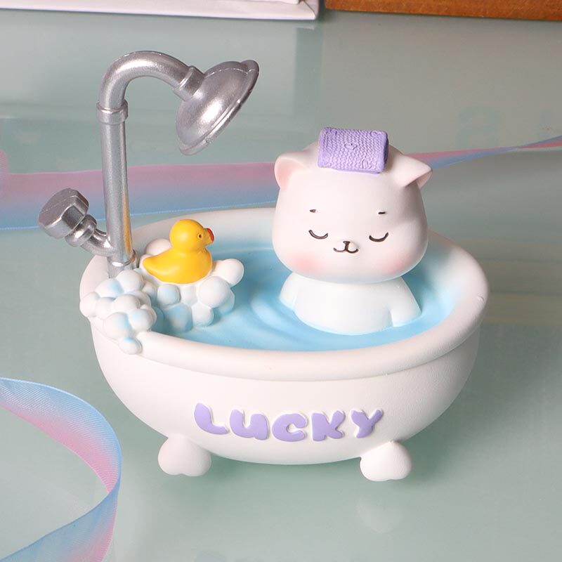 可爱小猪摆件创意猫咪兔子小狮子浴缸洗澡树脂摆件