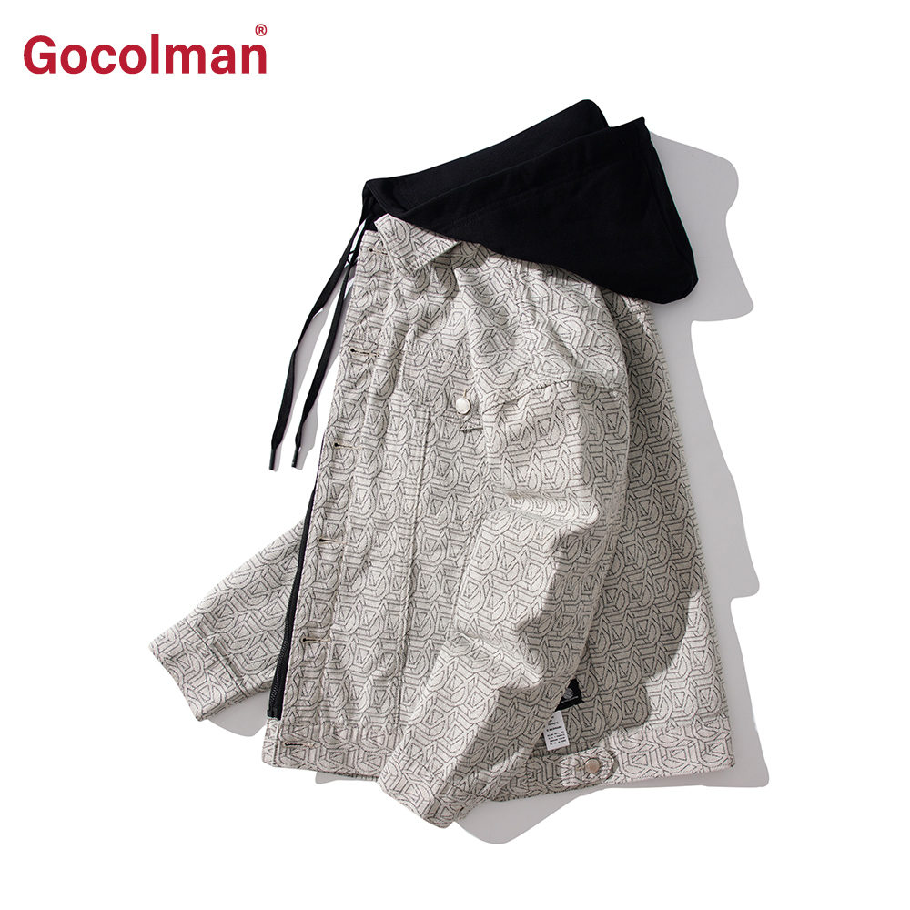 GoColman秋冬季男士外套连帽时尚印花牛仔夹克秋款潮牌休闲上衣男