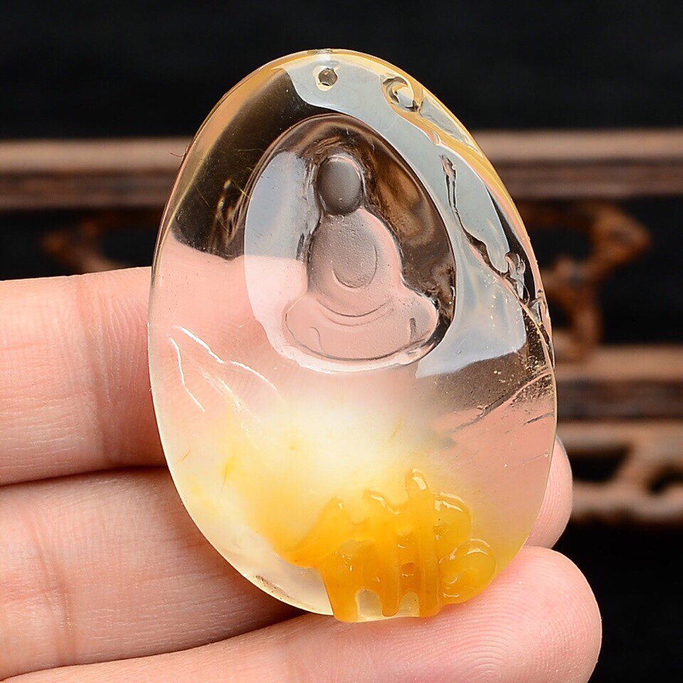 黄兔毛兔毛悟道天然水晶吊坠挂件抽象雕刻意境颈饰