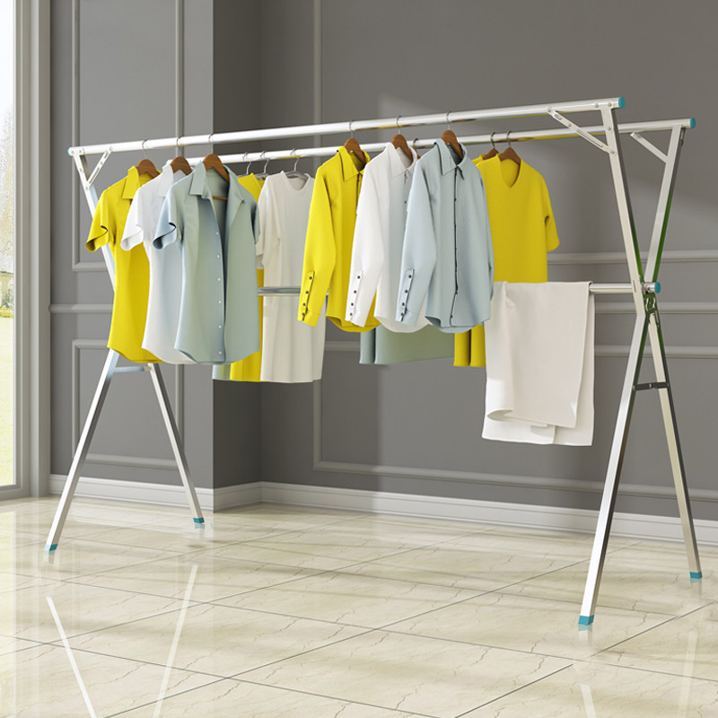 不锈钢晒晾衣架落地阳台家用简易卧室折叠双杆式伸缩室内挂衣架子