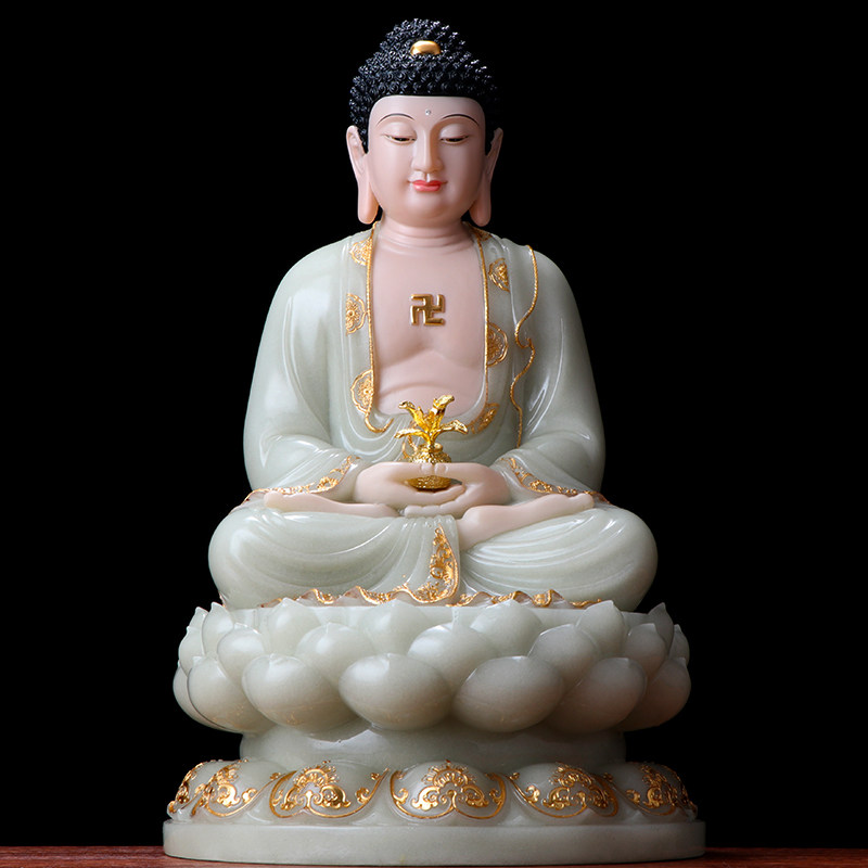 汉白玉阿弥陀佛佛像翠玉镶金释迦牟尼药师佛家家居供奉摆件