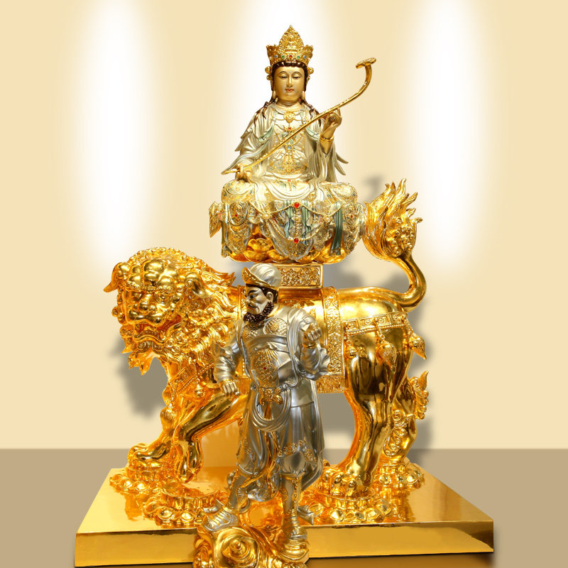 台湾铜雕释迦牟尼佛像供奉家用贴金金文殊普菩萨摆件