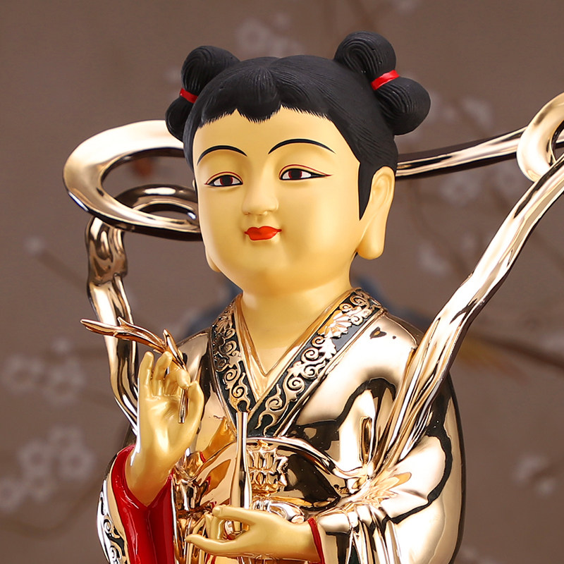 台湾盛凡金童玉女一对纯铜鎏金龙女佛像善财童子摆件