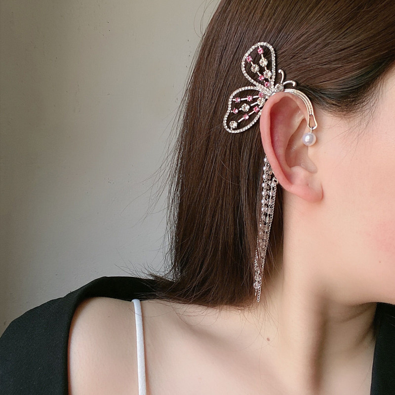 仙女小众设计无耳洞绕珍珠耳夹镶钻蝴蝶流苏耳环
