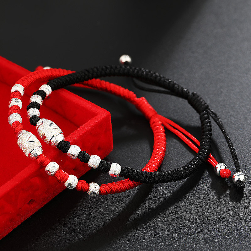 纯银情侣手链本命年红绳男士银珠手绳男潮转运手链
