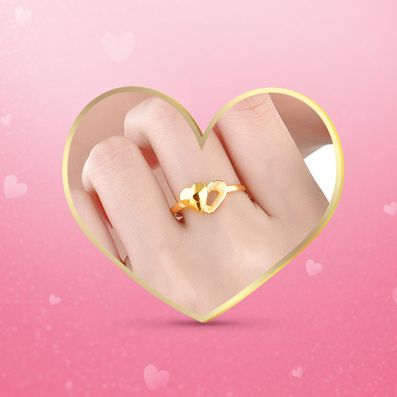 永坤黄金爱心戒指足金双心心心相印拉丝光板活口手饰
