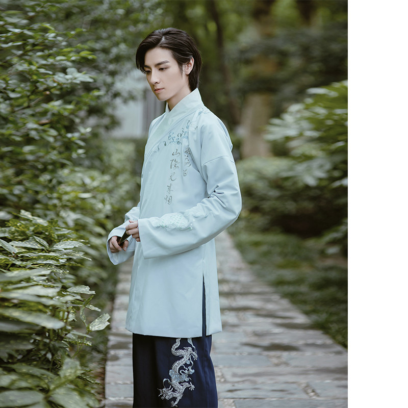 衔泥小筑汉服元素男行云流水日常春秋短打上衣裤子浅蓝汉服
