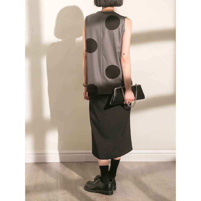 outsize不尺定制新款手工缝制波点无袖上衣灰色背心吊带