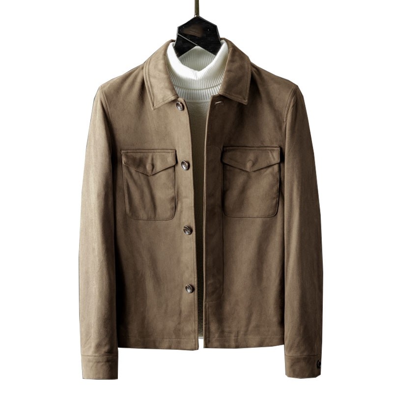 夹克男外套高端柔软鹿皮雅痞秋季休闲翻领短款夹克