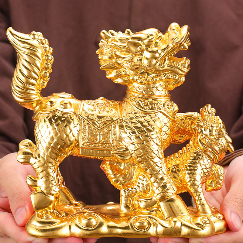 纯铜麒麟摆件真金金箔贴金金麒麟家居客厅入户摆件