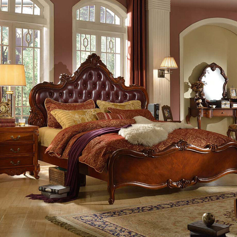 美式真皮双人床18米实木木床欧式复古大床主卧实木床