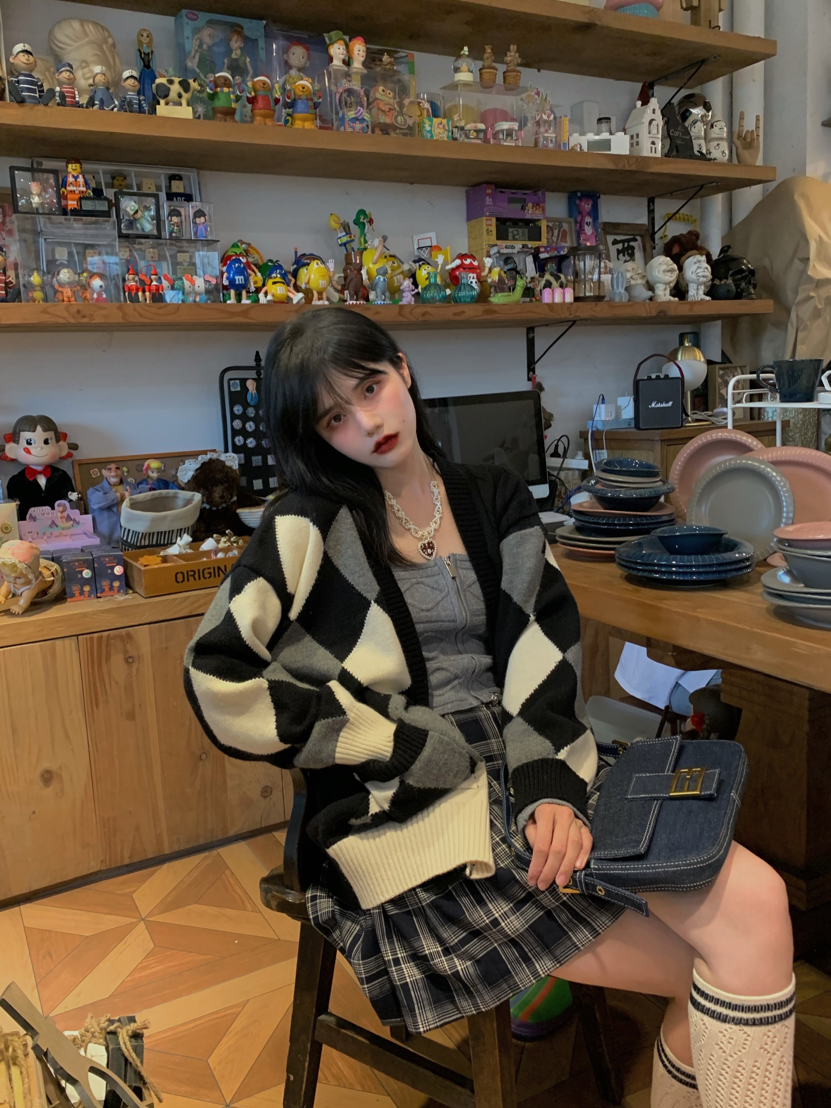 fortylions四十宽松菱格开衫女早秋条纹针织衫设计小众毛针织衫