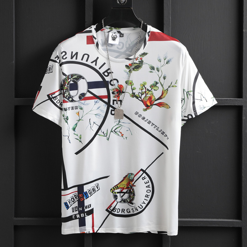 欧洲站新款潮流小衫夏季短袖冰丝花T恤柔软丝光棉字母印花半袖男