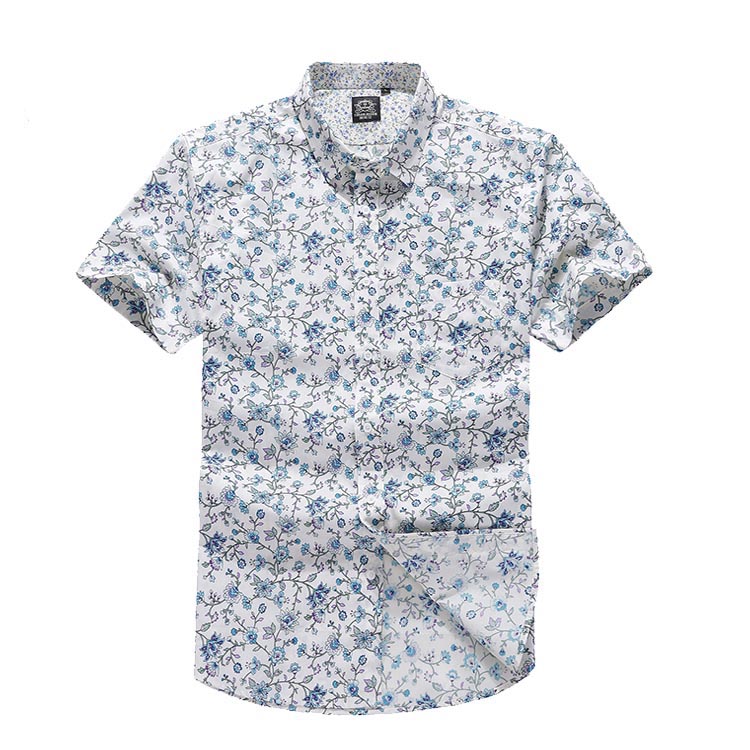 夏季男式短袖花衬衫大码男装植物花卉小碎花半袖衬衣纯棉寸衫全棉