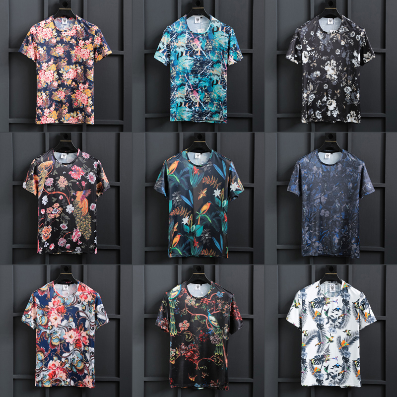 丝滑无痕冰丝夏季大满花T恤男短袖圆领潮流大码薄款印花半袖衣服