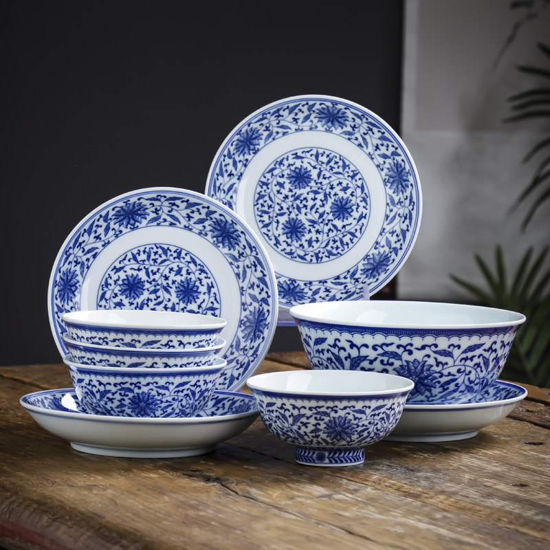 景德镇手绘釉下彩青青花瓷中式家用碗碟餐具套装餐具瓷器套装