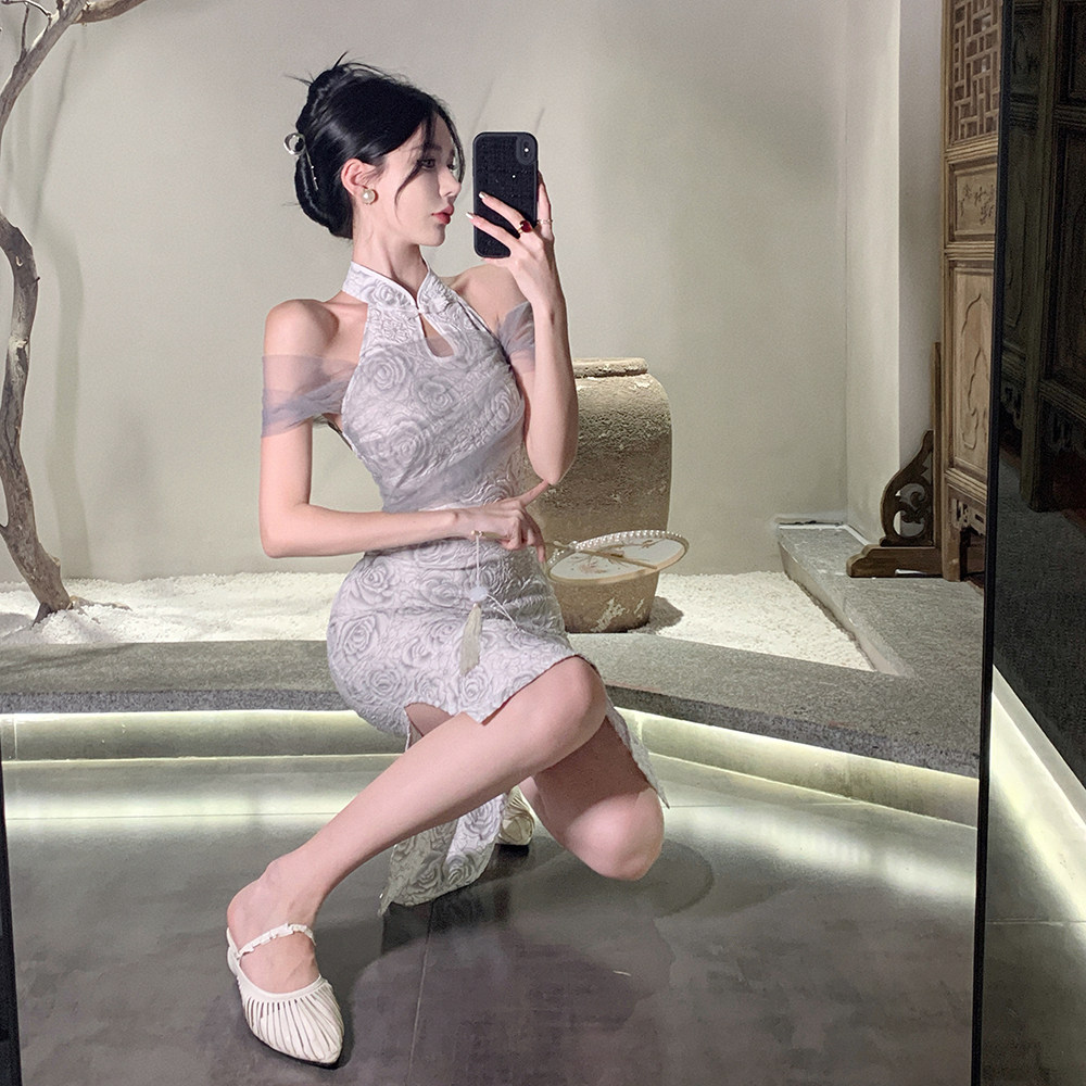 夏季直播衣服气质网纱露肩国风旗袍连衣裙主播旗袍