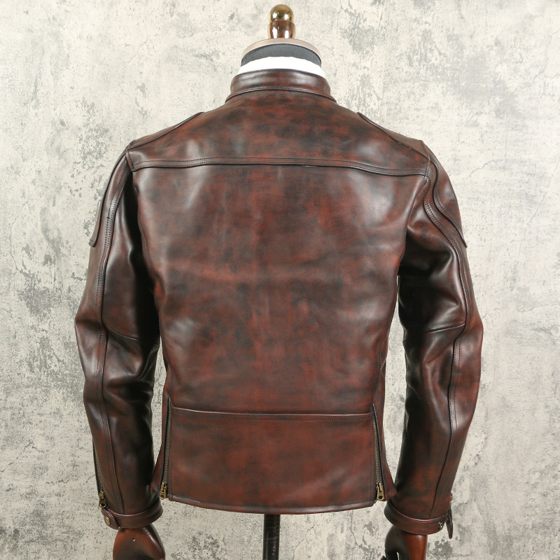 无涂蜡染头层马皮j100机车夹克男士复古真皮皮衣