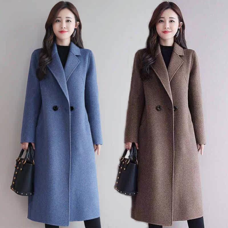 毛呢大衣女中长款2019新款韩版秋季纯色大码时尚修身呢子外套女潮