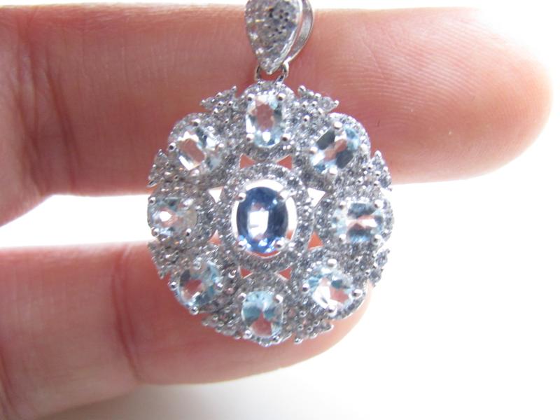 蓝宝石纯银天然多海戒面群镶豪镶大圈椭圆形吊坠项坠项坠