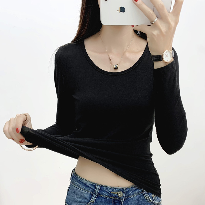 纯棉长袖t恤女秋衣2021春秋新款紧身内搭薄款黑色打底衫女上衣